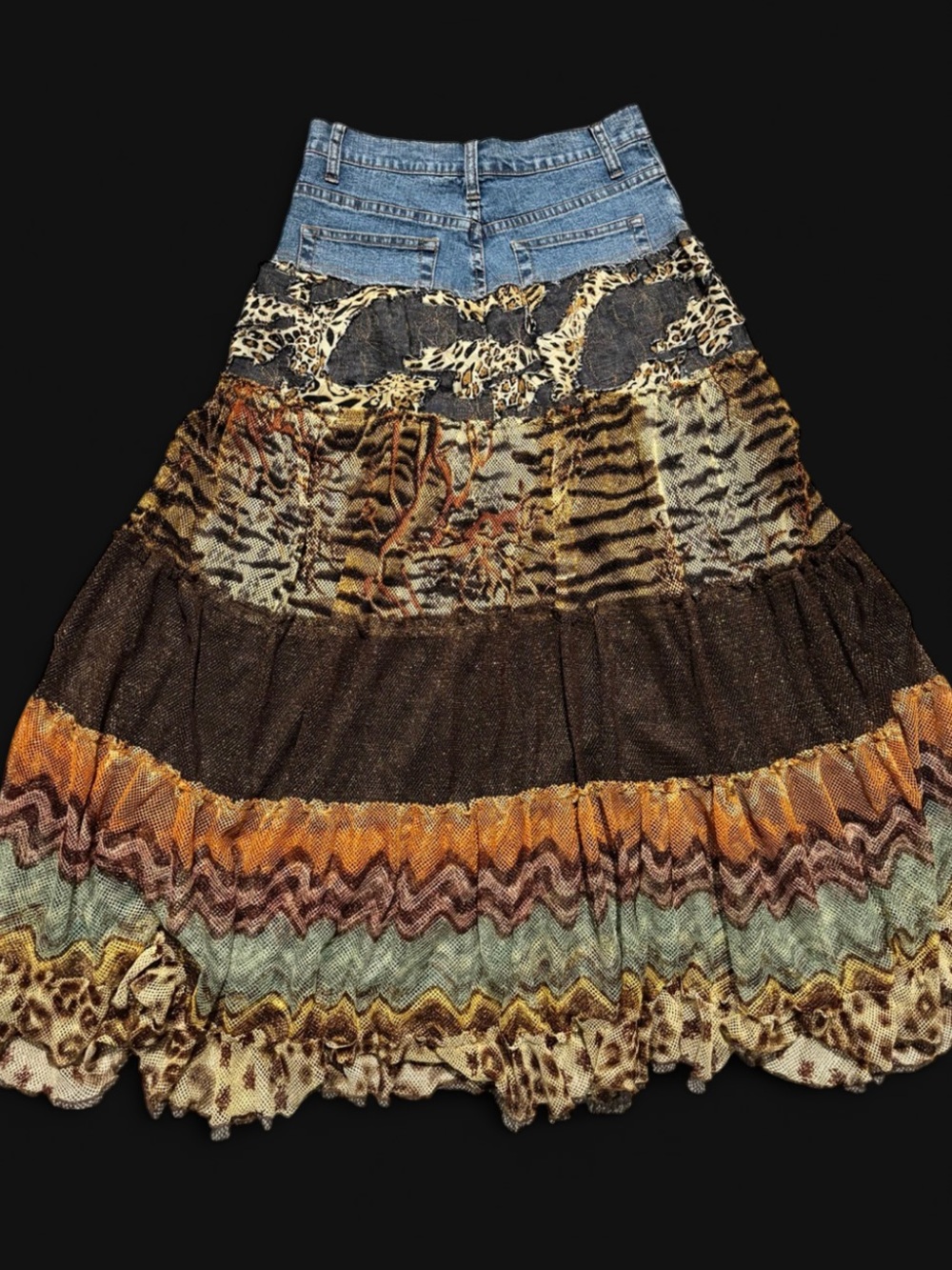 Rare Milana Patchwork Animal Print Boho Maxi Skirt | Denim Waist | Size 4 - Picture 6 of 11